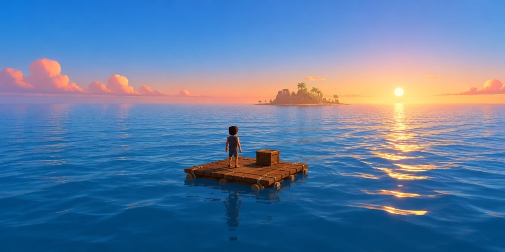 Illustration: A small wooden raft on a calm open ocean at sunrise, a lone figure aboard, distant island on the horizon
